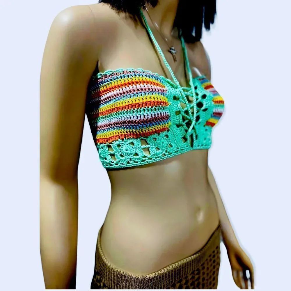 Crochet Multicolor Lace Up Front Tassels Tie Crop Top Handmade -NEW